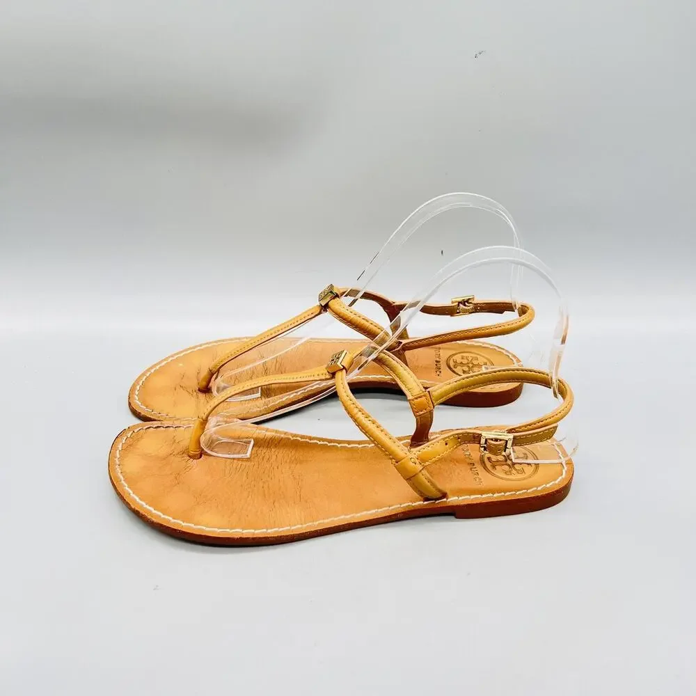 Tory Burch Sandals Womens 7 Beige Leather Thong Ankle Strap Logo Flat Shoes